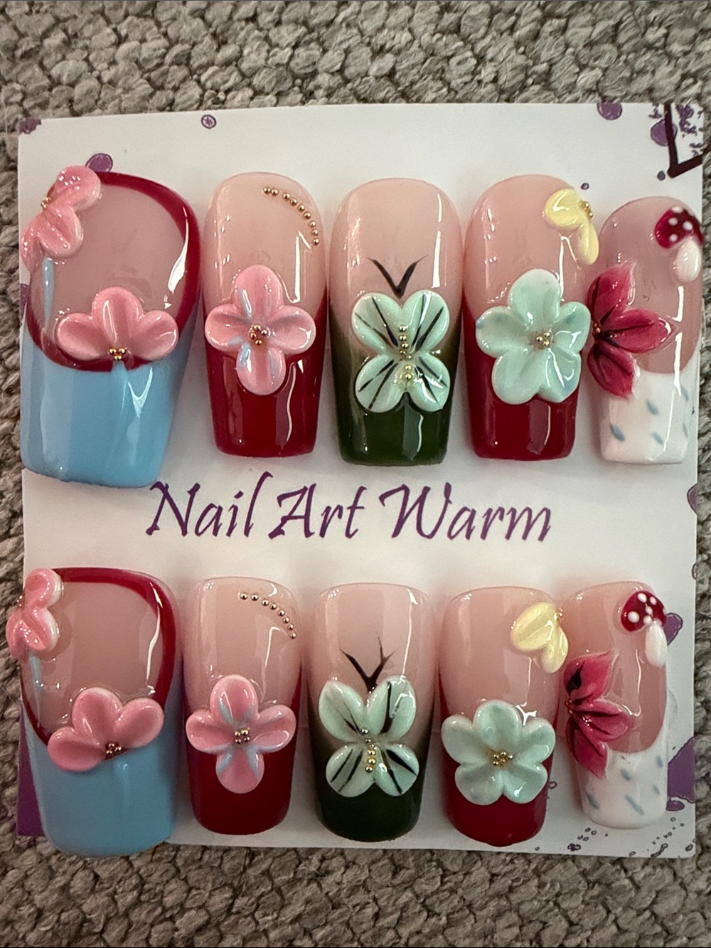Floral Press-On Nails - Pink, Red, Blue, Green